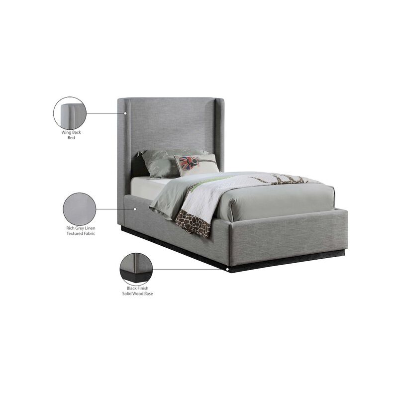 Meridian Furniture Flynn Grey Linen Textured Fabric Twin Bed