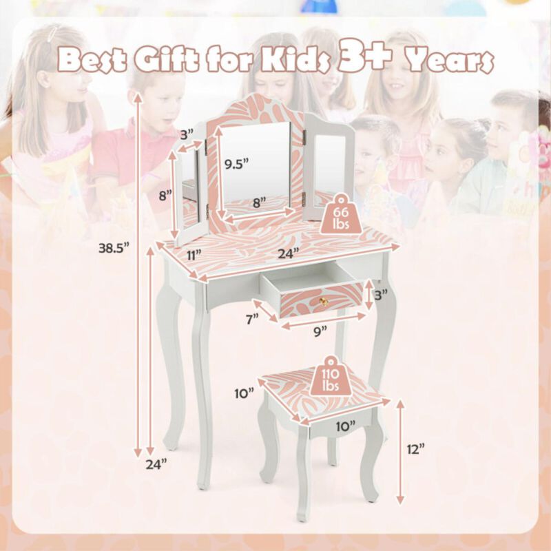 Hivvago 2-in-1 Kids Vanity Table Set with Tri-folding Mirror-Pink