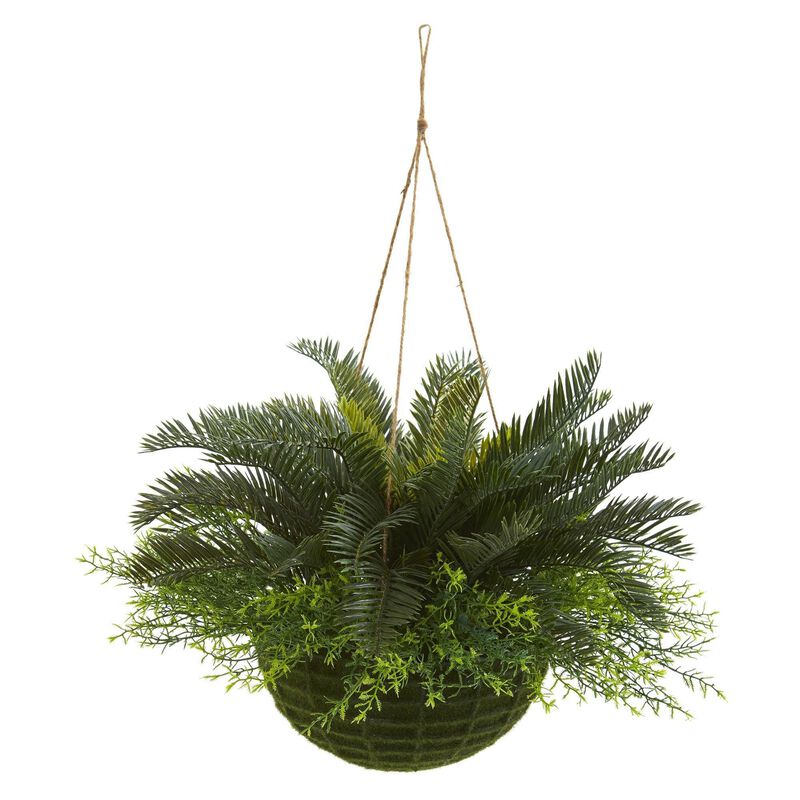 Nearly Natural 13-in Cycas Plant in Mossy Hanging Basket (Indoor/Outdoor) image number 1