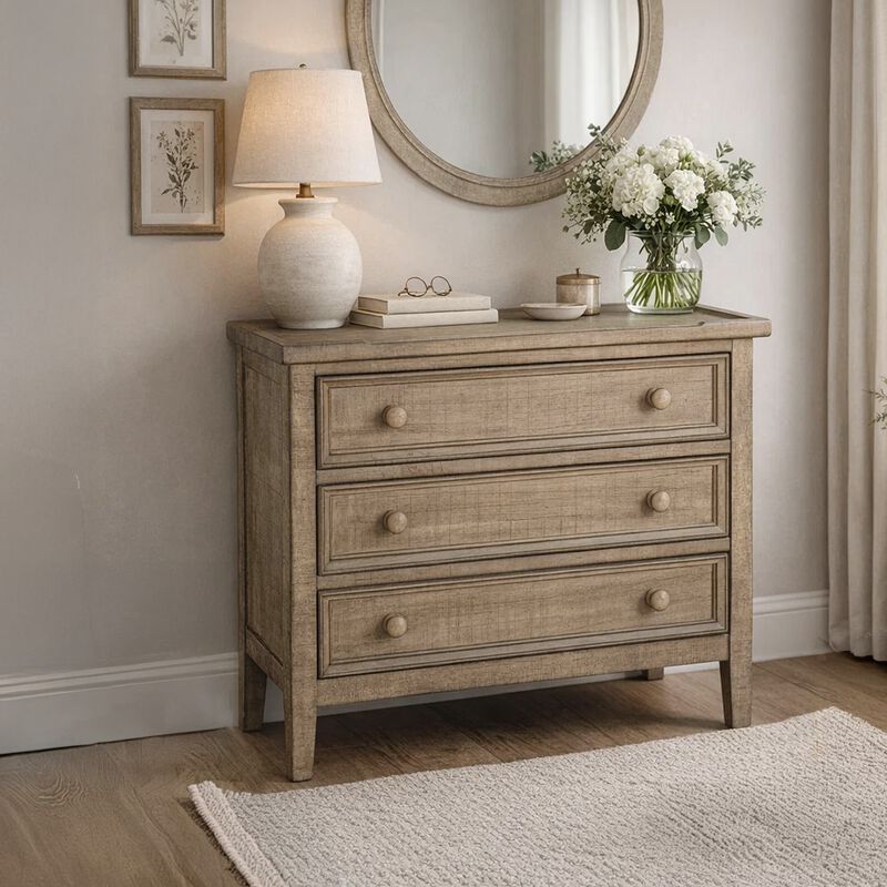 Rena Side End Table, 3 Drawers with Round Knobs, 28" Distressed Pebble Brown Mahogany Wood image number 7