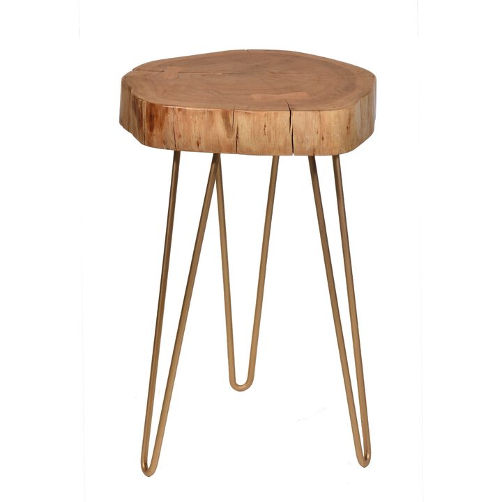 Homezia 26" Gold And Natural Solid Wood Round End Table