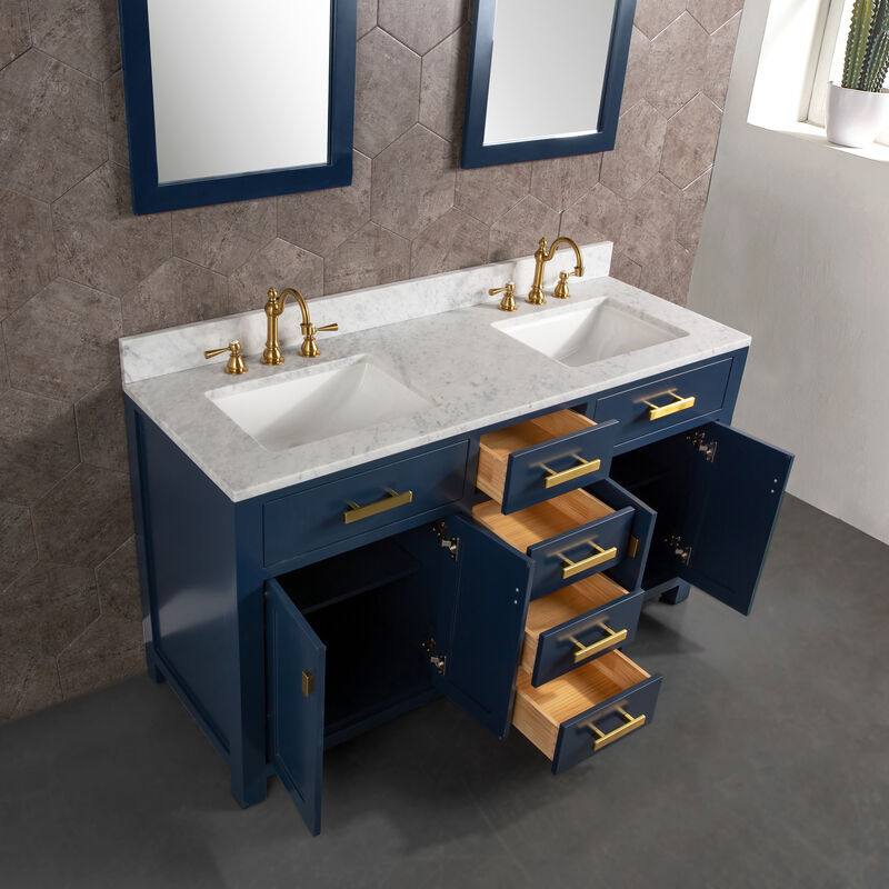 Madison 60 In. Double Sink Carrara White Marble Countertop Bath Vanity In Monarch Blue with Satin Gold Hardware