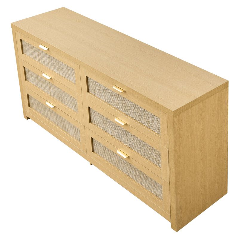 Modern Wood Rattan Dresser with 6 Drawers Clothing Organizer image number 3