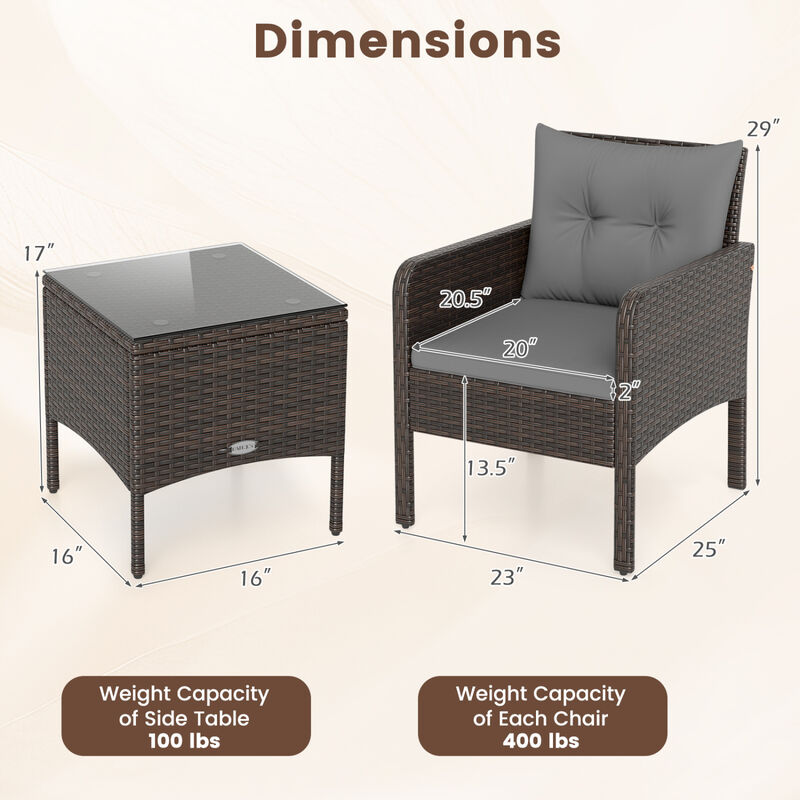 3-Piece Patio Wicker Furniture Set with Cushions for Balcony and Porch image number 2