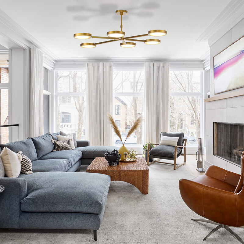 52 in. 6-Light Gold Ceiling Light with Stone Shade