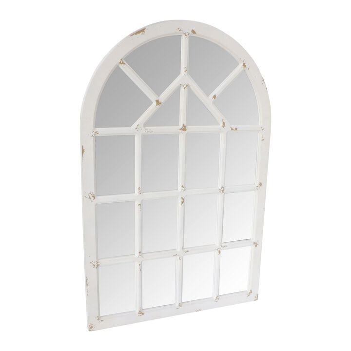 Arched Farmhouse Windowpane Wood Encased Wall Mirror, Antique White-Benzara