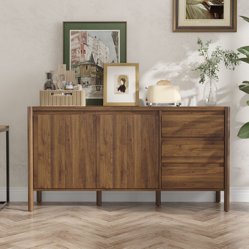 FUFU&GAGA Round Leg 2-Door 3-Drawer Cabinet with Painted Rubberwood Legs, 15mm Particleboard Construction, and Faux Thick Panel, (59"W x 16.5"D x 30.9"H) , Brown image number 1