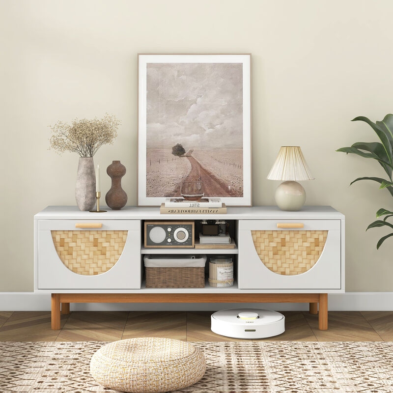 Mid Century Modern TV Stand Entertainment Center for 55-Inch TV with 2 Drawers and Wicker Woven Fronts-White