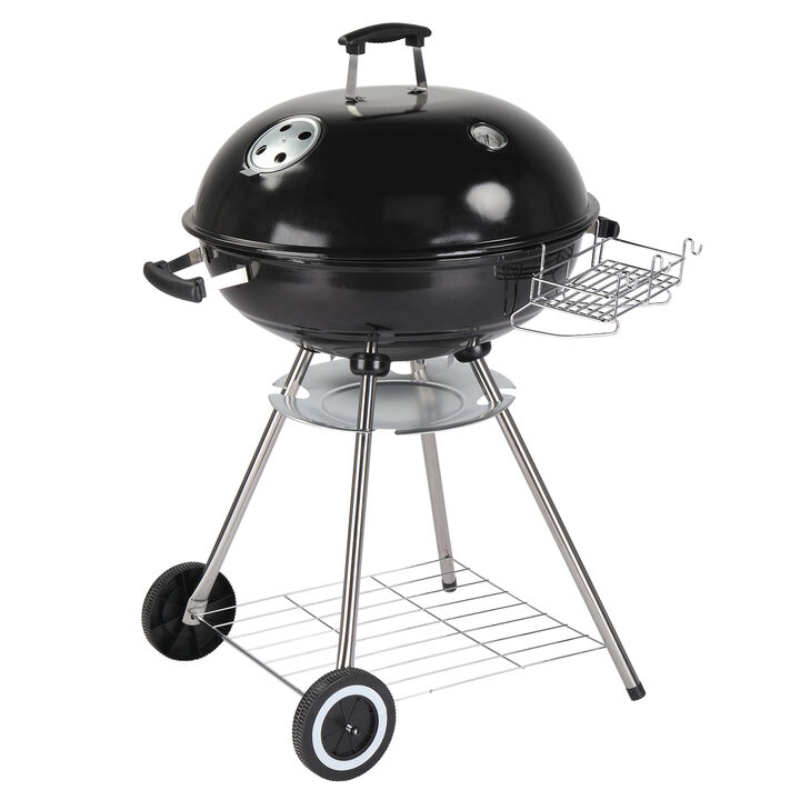 Round Charcoal BBQ Grill with Wheels, Ash Catcher, Storage Holder, and Thermometer for Outdoor