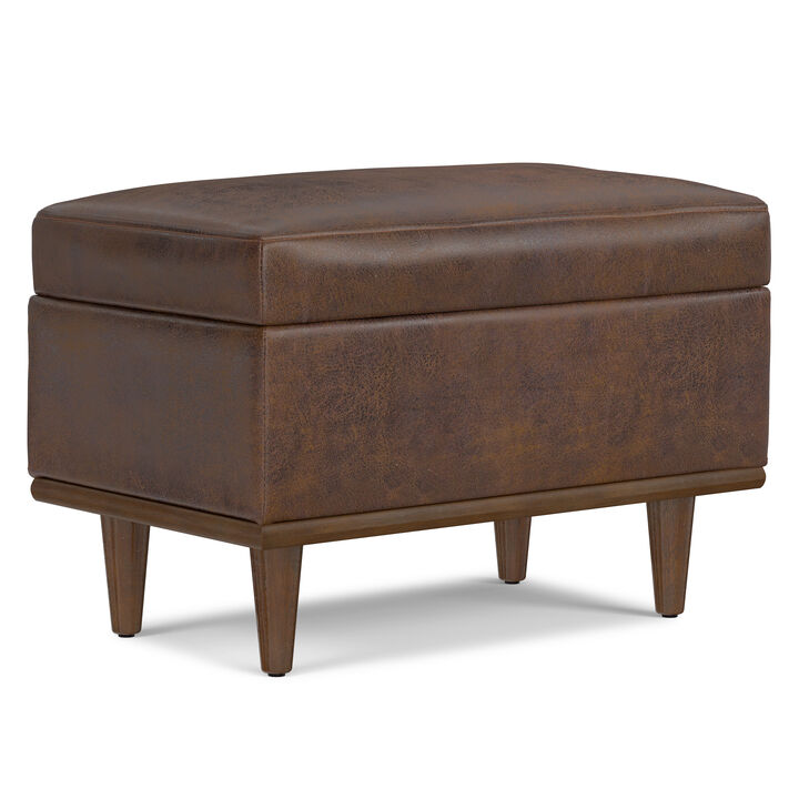 Shiloh 26 inch Wide Transitional Contemporary Small Storage Ottoman in Distressed Chestnut Brown Vegan Faux Leather, Assembled