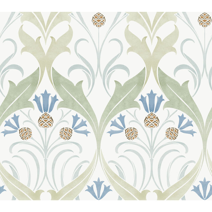 Pine Cone Ribbon Green & Blue Metallic Wallpaper