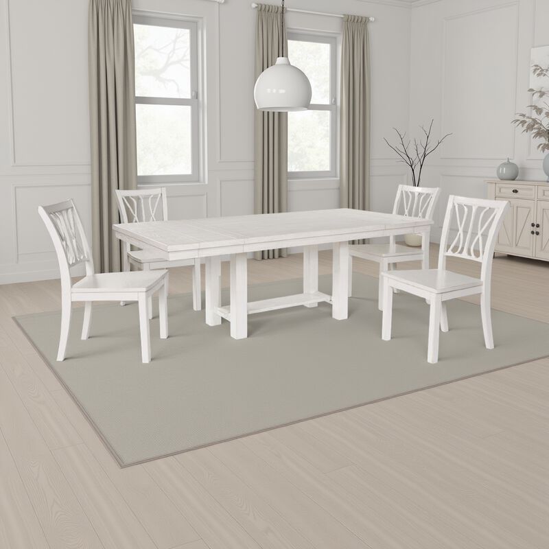 Fleur Dining Table with 2 Extension Leaves, White Wood, 62-86 Inch - Benzara