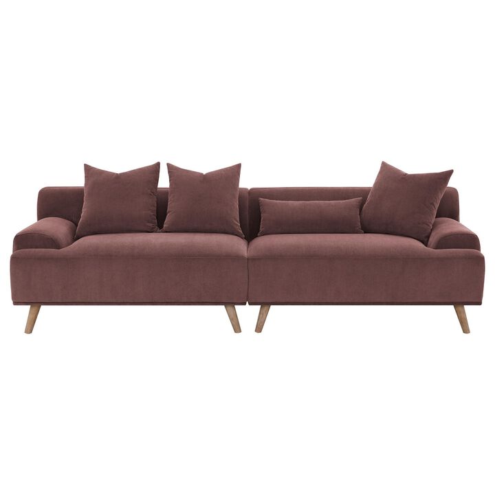 Beno Long Sofa, 103 Inch, Retro Burgundy Red Corduroy, 4 Throw Pillows - Benzara