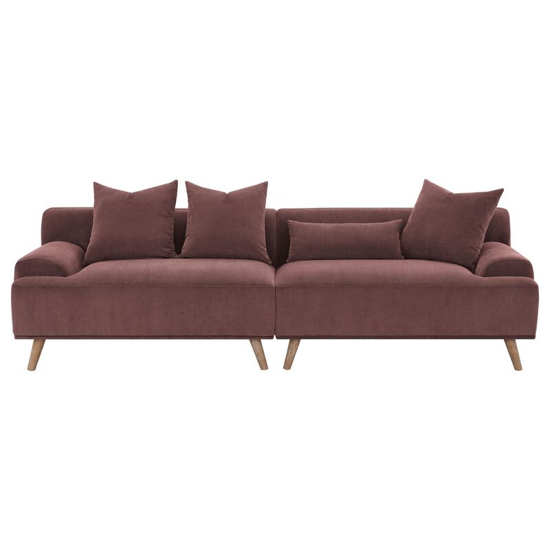 Beno Long Sofa, 103 Inch, Retro Burgundy Red Corduroy, 4 Throw Pillows - Benzara