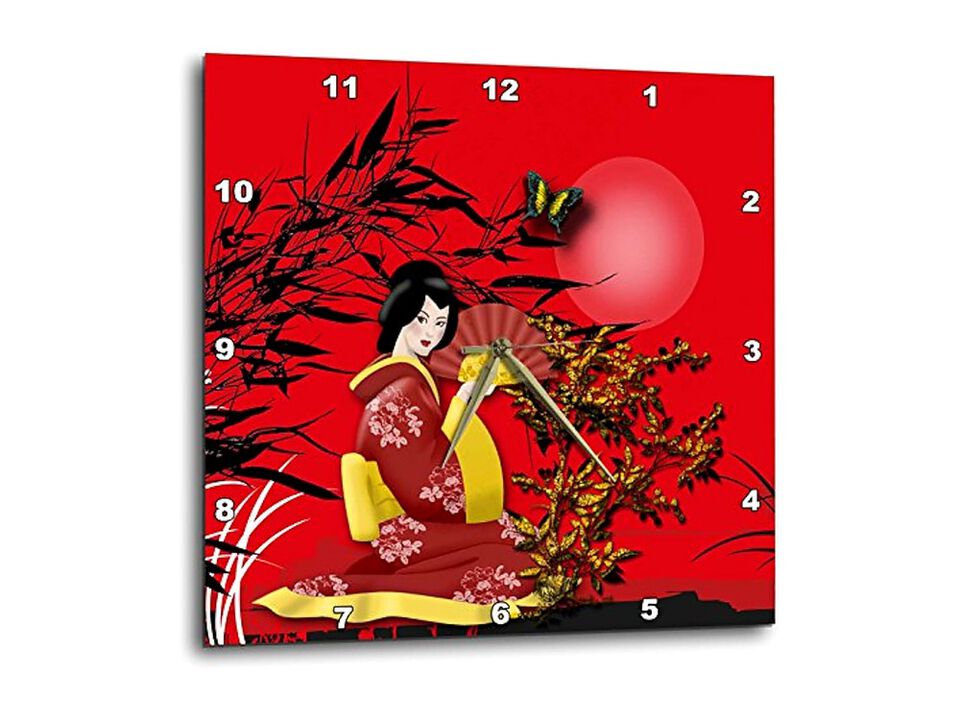 Japanese Geisha Girl Red Gold Accents Wall Clock 15 Inch Home Decor