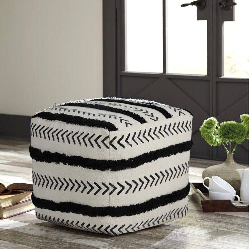 Cotton Upholstered Striped Pouf – Ottoman Accent Seat for Living Room or Lounge