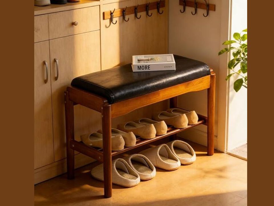 Entryway Wood Shoe Storage Bench 2 Tier Space Saving Black