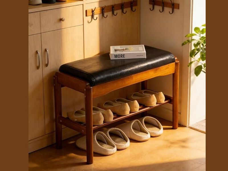 Entryway Wood Shoe Storage Bench 2 Tier Space Saving Black image number 1