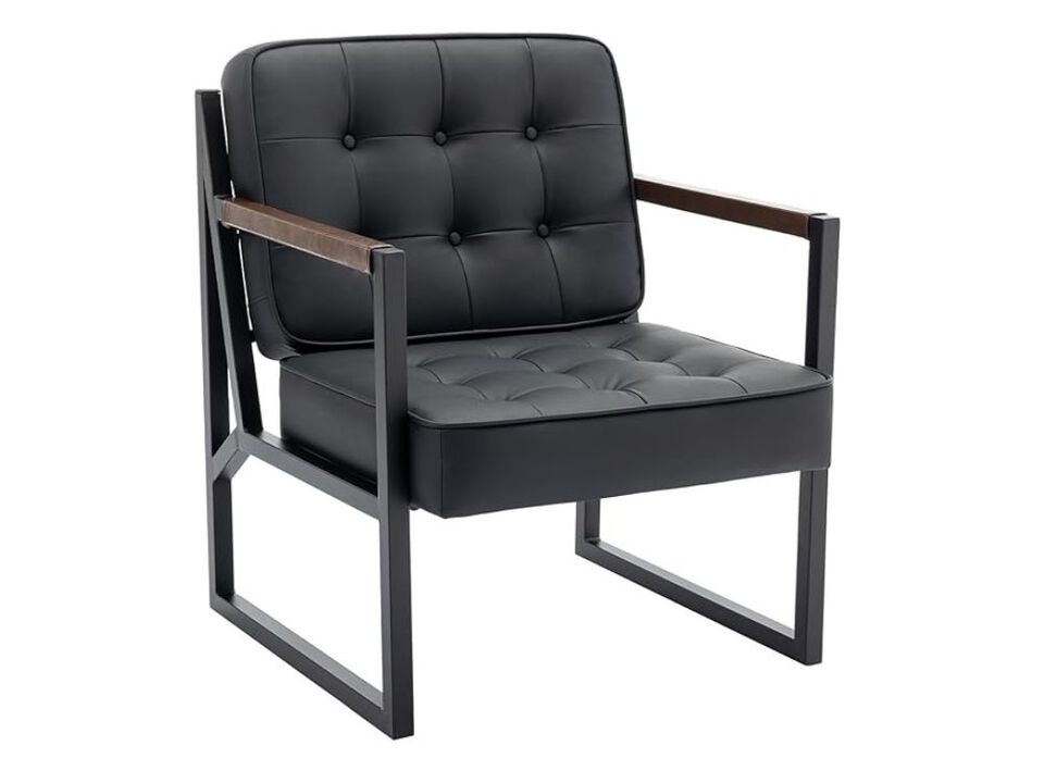 Set of 2 Accent Chairs &ndash; Black Faux Leather Mid‑Century Armchairs with Metal Legs