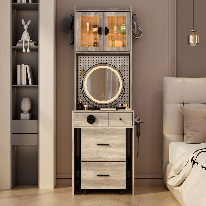 Small Vanity Desk with Mirror and LED Lights – Compact Makeup Table with Illuminated Mirror and Storage