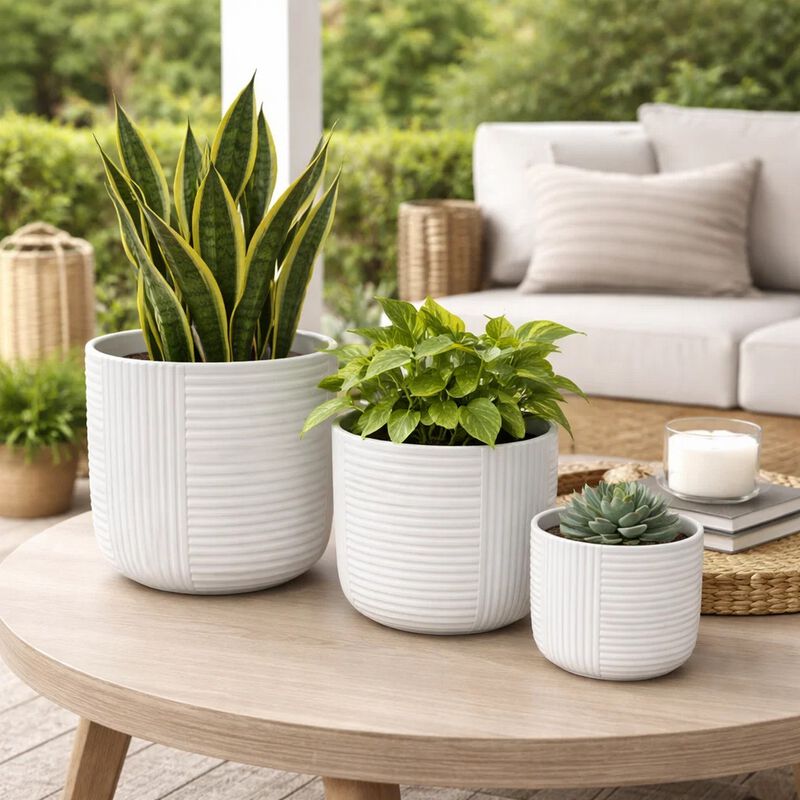 Kena Planter Set of 3, White Ceramic, Ribbed Texture Pots, 12 10 8 Inch image number 6