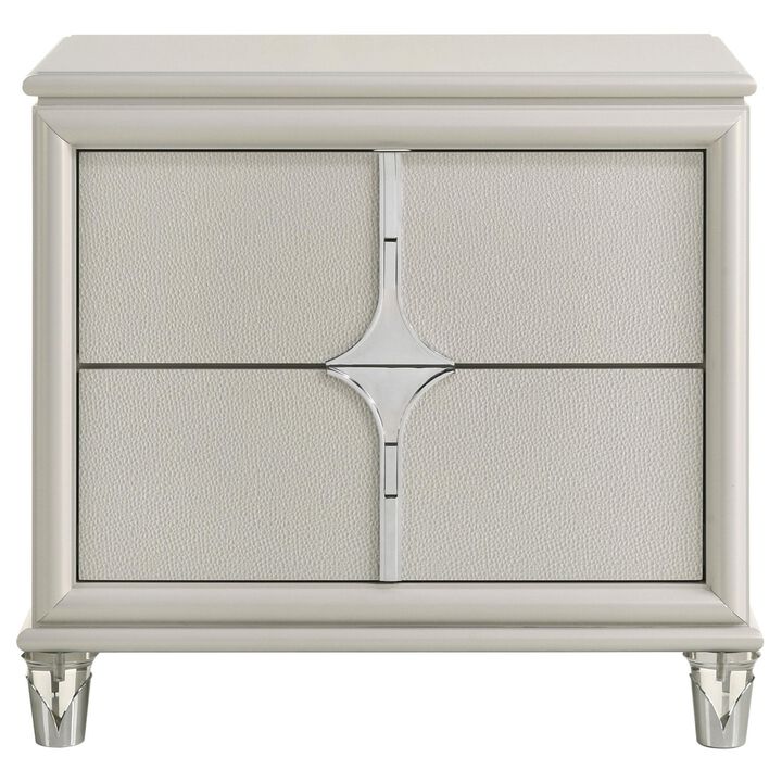 Ory Nightstand w 2 Drawers, Chrome Star Handle, Pearl Ivory Wood - Benzara