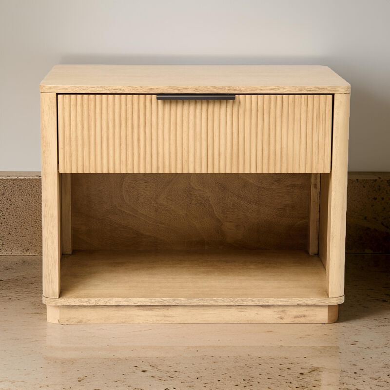 Noe Celia 32 Inch Nightstand, 1 Drawer, Shelf, Metal, Natural Solid Wood - Benzara