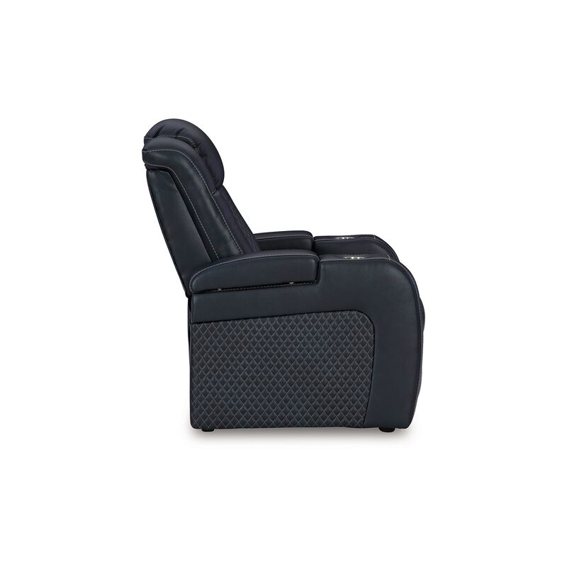 Fynne LED Power Recliner Chair, USB Port, Sapphire Blue Faux Leather - Benzara