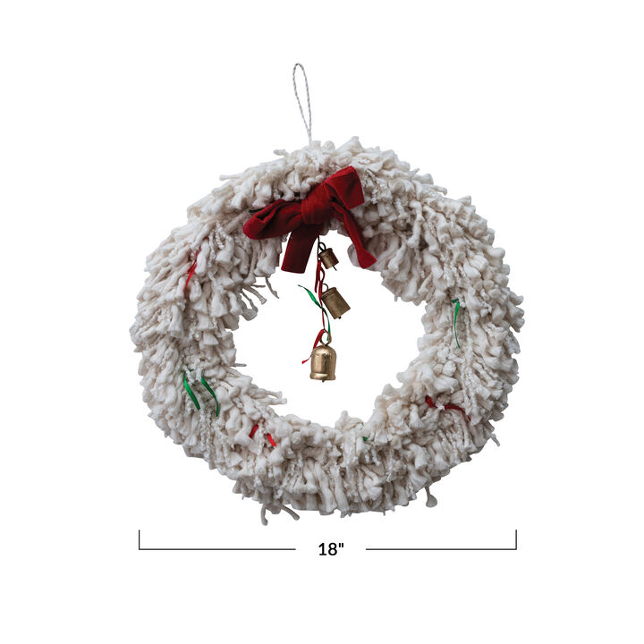 Handmade Cotton Blend Yarn Wreath with Red Bow, Red and Green Ribbons and Metal Bells, ivory
