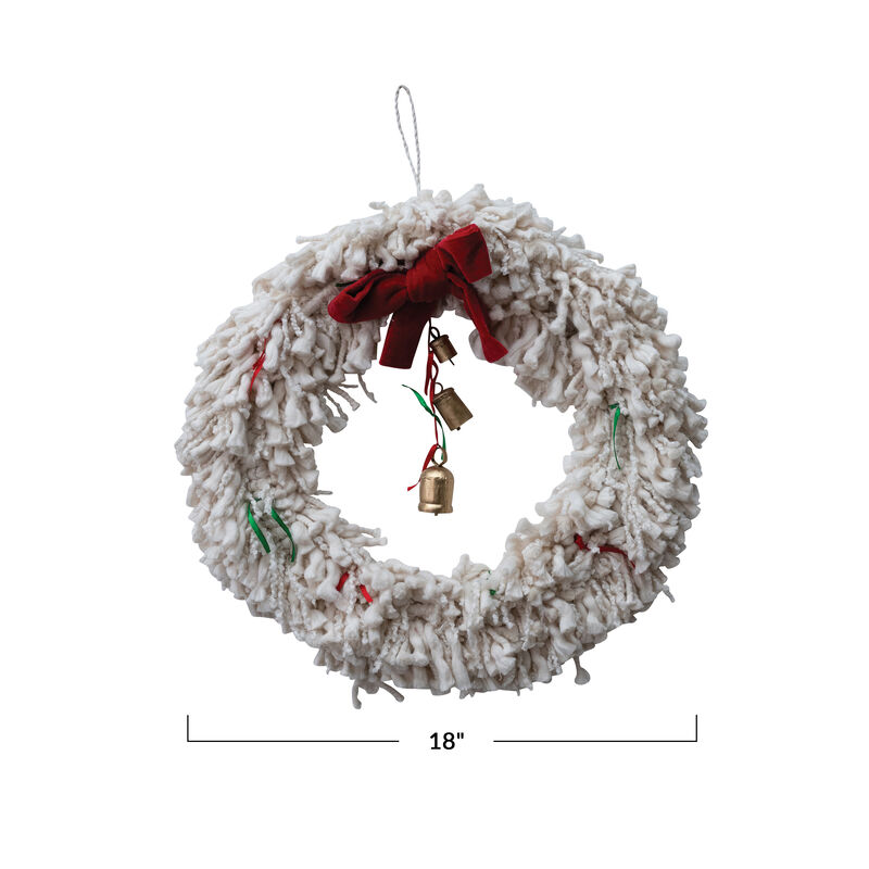 Handmade Cotton Blend Yarn Wreath with Red Bow, Red and Green Ribbons and Metal Bells, ivory image number 1