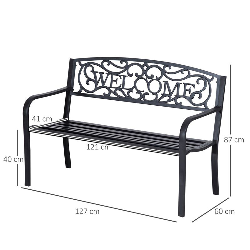 50 Inches Outdoor Metal Welcome Bench, Garden Bench with Slatted Seat, Black Patio Bench image number 4