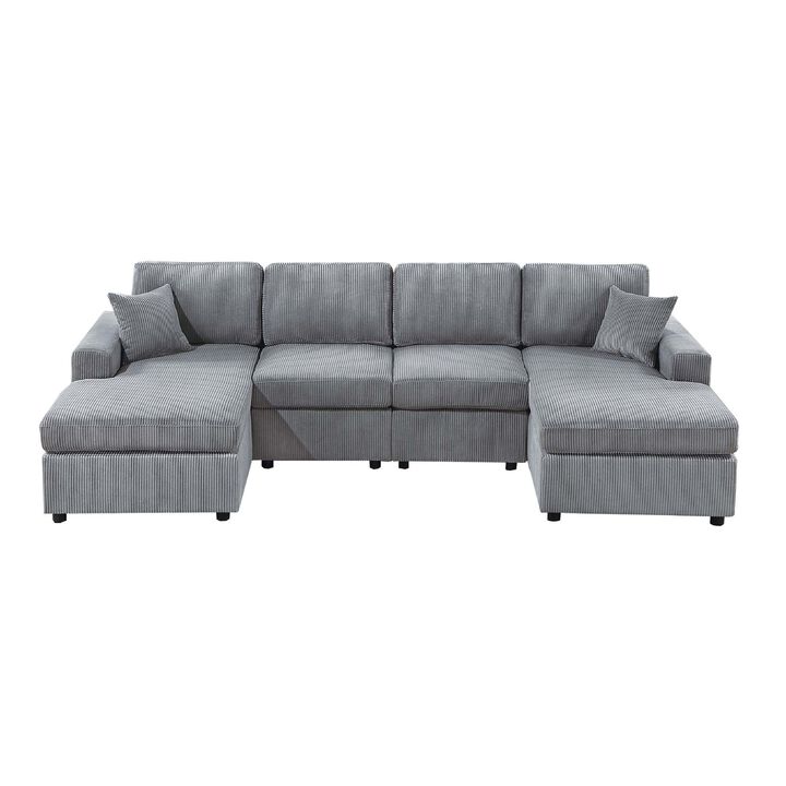 Iny U Sectional Sofa Chaise Armless Chair Set, 2 Pillows, Fog Gray - Benzara