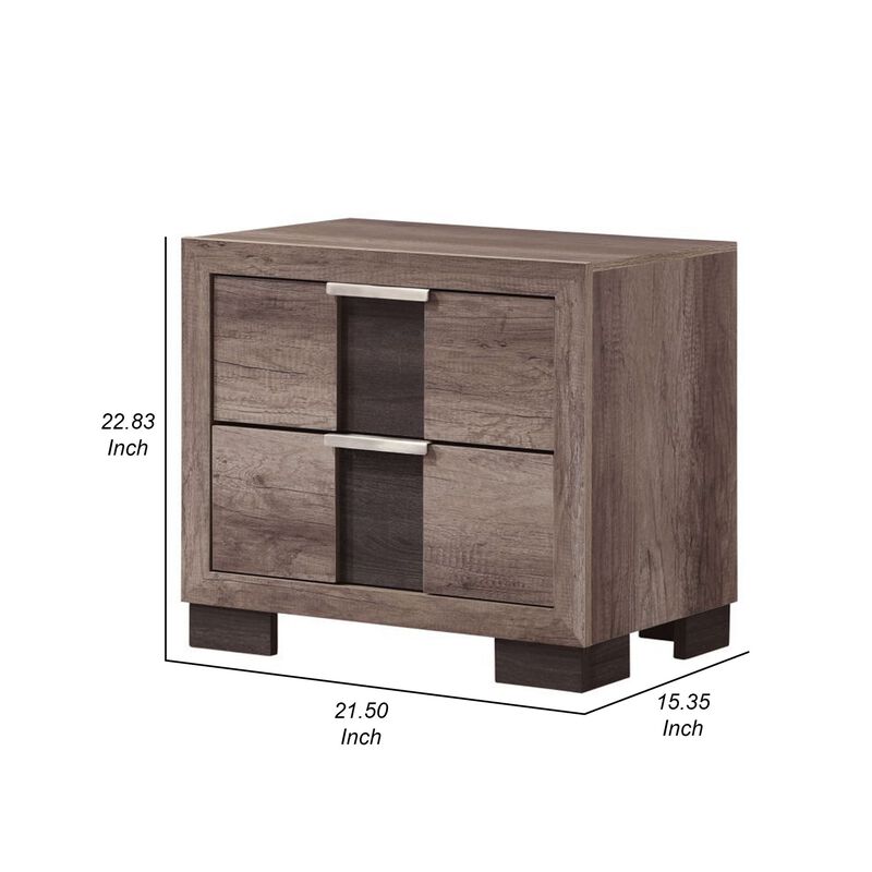 Rangley 24 Inch Nightstand, 2 Drawers, Chrome Metal Handles, Brown Wood - Benzara