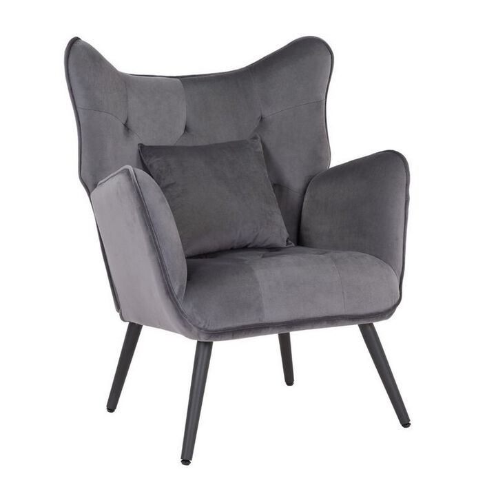 Ive 30 Inch Accent Chair, Wingback, Padded Gray Velvet Upholstery, Black - Benzara