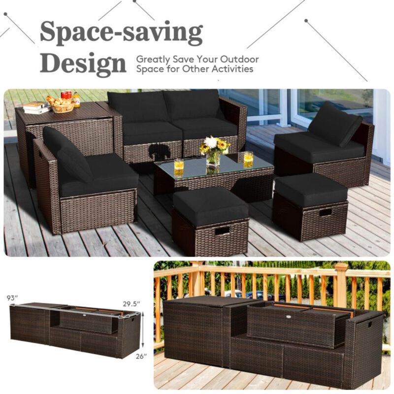 Hivvago 8 Pieces Patio Space-Saving Rattan Furniture Set with Storage Box and Waterproof Cover