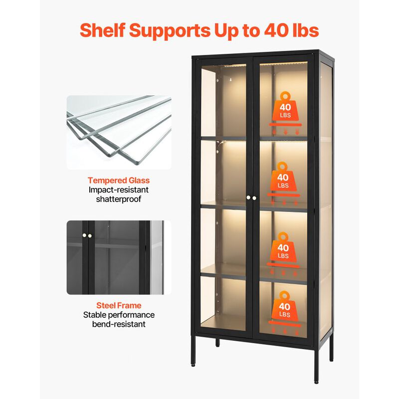 4-Tier Glass Door Display Cabinet with 3 Adjustable Shelves and LED Lighting for Home Display-Black image number 5