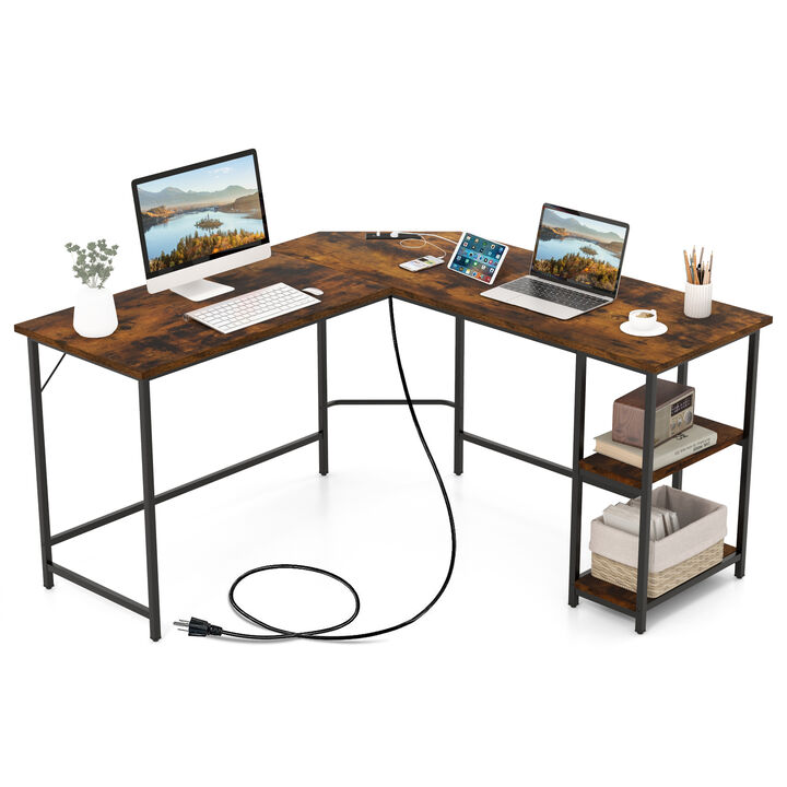 Costway L Shaped Corner Computer Desk 54.5" Office Workstation w/ 2 Outlets & USB Ports