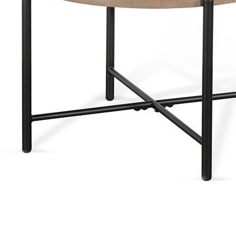 Reena End Table, Light Brown Mahogany, Black Metal, Round 28 Inch