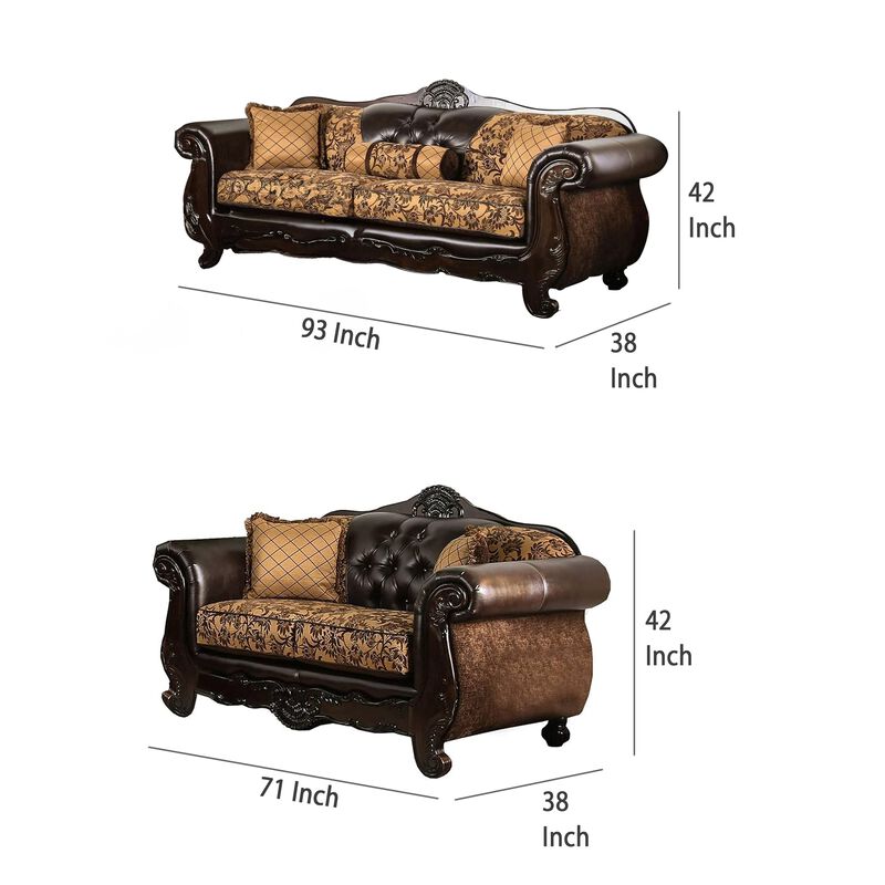 Quo 2pc Sofa Loveseat Set, Tan, Dark Brown Chenille, 4 Accent Pillows  - Benzara image number 4