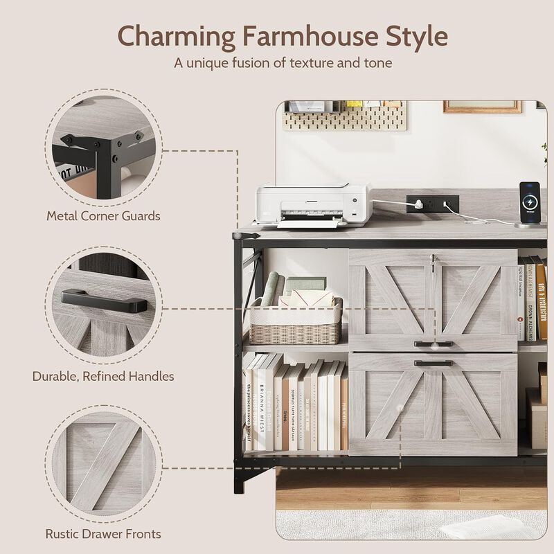 44"W File Cabinet, Lateral Filing Cabinet with 4 Shelves and 2 Drawers, Office Storage Cabinet with Lock & Charging Station, Wooden Printer Stand image number 7