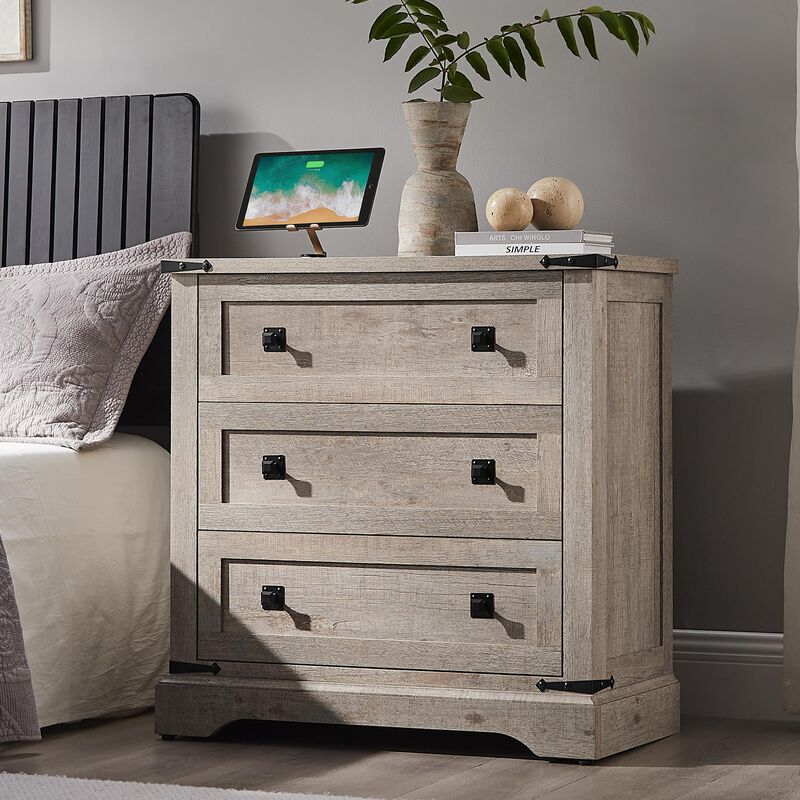 32" Rustic Nightstand with Charging Station, 3 Drawers, Wood End Table image number 1