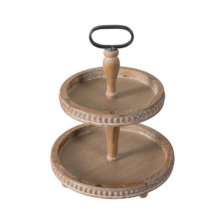 Mike 17 Inch 2 Tier Round Serving Tray, Handle, Beaded Trim, Brown Wood - Benzara