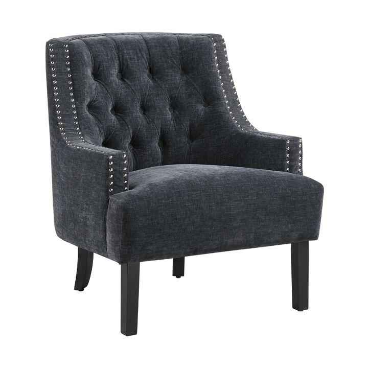 Daisie Accent Armchair, Button Tufted Black Chenille, Solid Wood