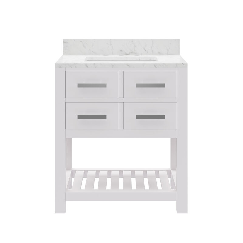 Madalyn 30 In. Single Sink Carrara White Marble Countertop Bath Vanity in Pure White