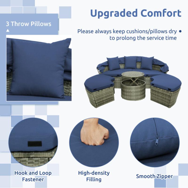 Hivvago Outdoor PE Wicker Round Daybed with Retractable Canopy and Cushions