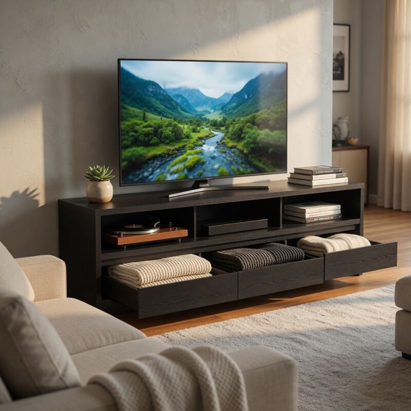 Rutvy TV Stand Media Console with Open Shelves, Black Wood 78 Inch image number 8