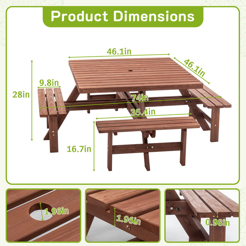 WOW PIONEER 8-Person Square Outdoor Picnic Table with Umbrella Hole Waterproof Sturdy Cross Structure Dining Set for Backyard Garden Camping Easy Clean image number 2