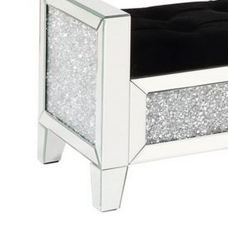 Mirrored Bench with Faux Diamonds and Button Tufted Seat, Silver-Benzara