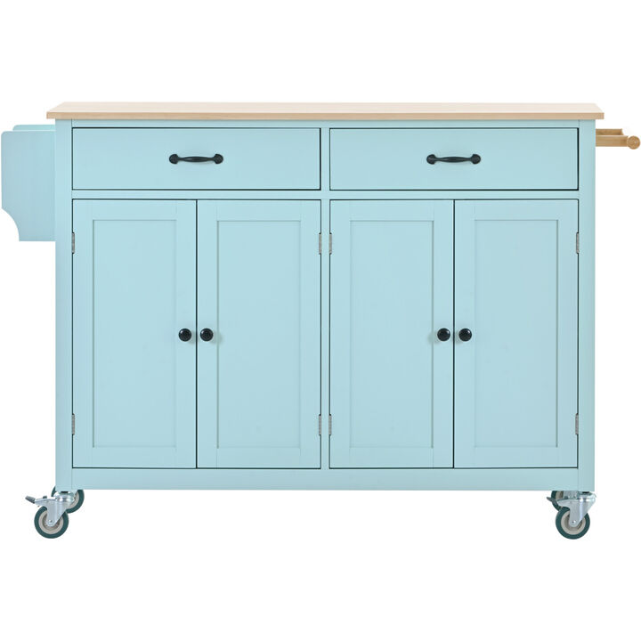 Kitchen Island Cart with 4 Door Cabinet and Two Drawers and 2 Locking Wheels - Solid Wood Top, Adjustable Shelves, Spice & Towel Rack(Mint Green)