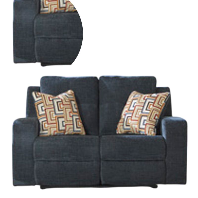 Genna Manual Reclining Loveseat, Navy Blue Fabric, 2 Pillows, 64 Inch - Benzara